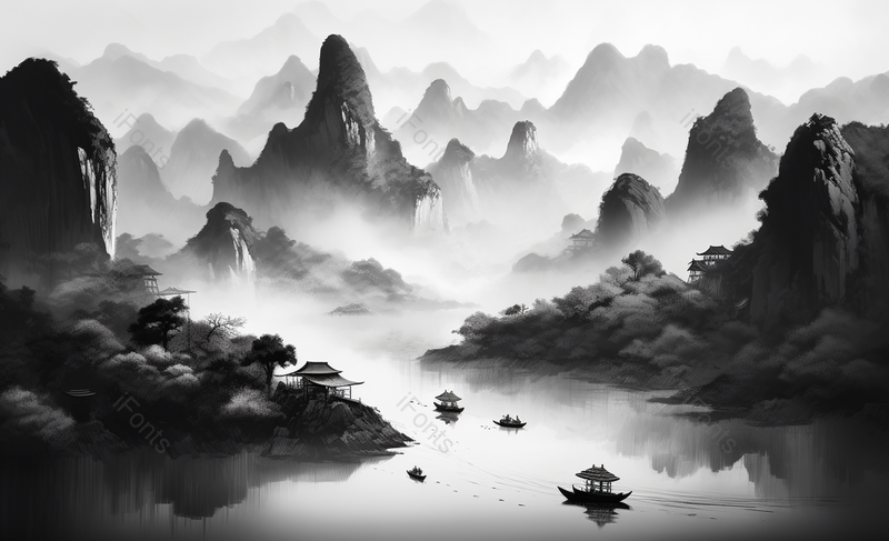 江面楼台烟雨中黑色水墨画中国风背景,插画/手绘图,插画/手绘图库,插画/手绘图下载,插画/手绘